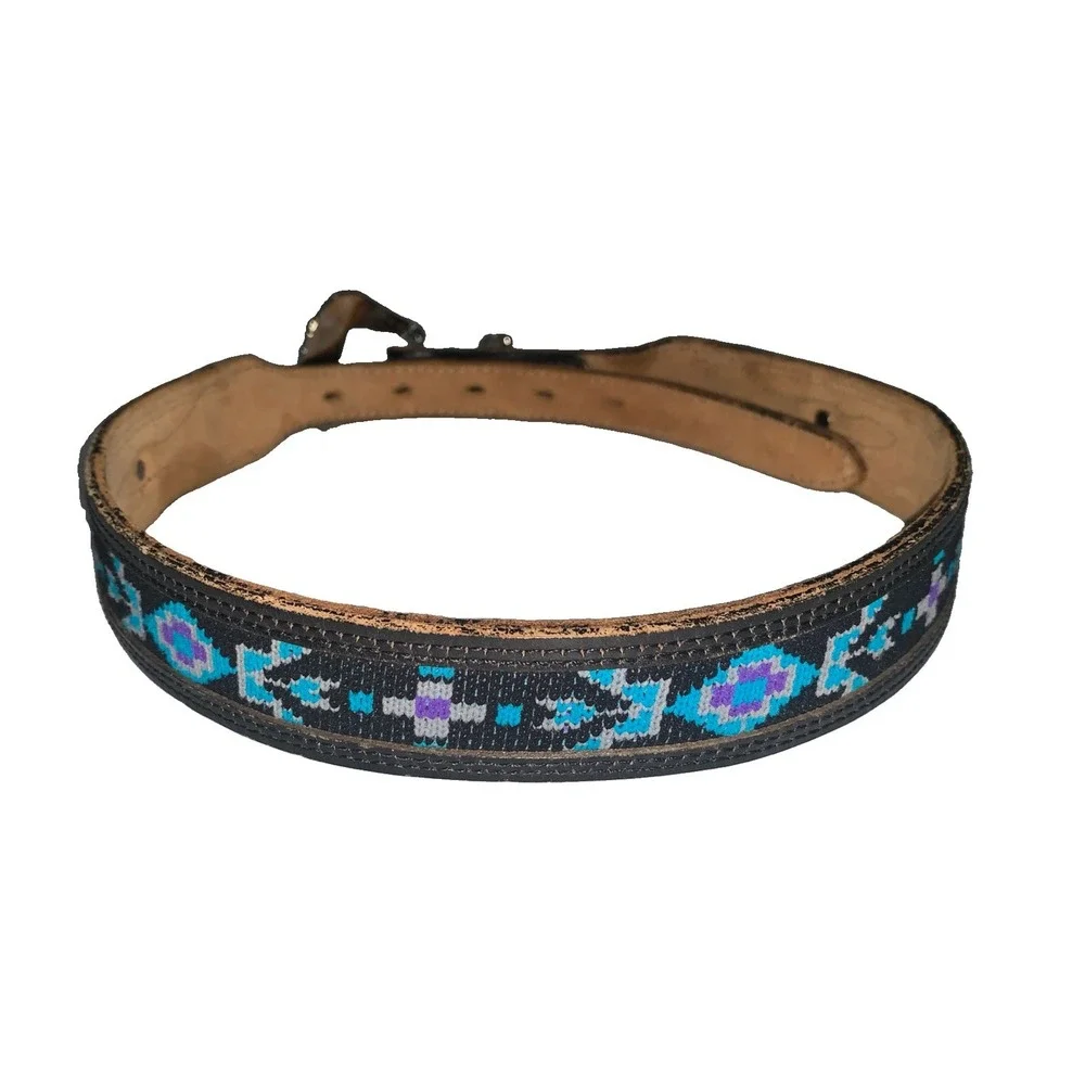 Vintage Dundee Leather Western Belt Womens 28 Turquoise Black Aztec Cowgirl USA